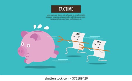  Piggy bank running away from Tax bills. cartoon character. Tax burden abstract concept. thin line flat design. vector illustration