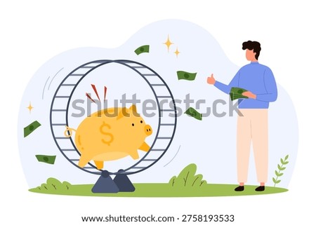 Piggy bank running inside hamster wheel with flying money and person holding cash, representing financial struggle, savings cycle, and investment challenges, isolated vector illustration