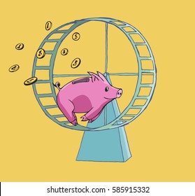 Piggy bank running on a Hamster wheel losing his coins