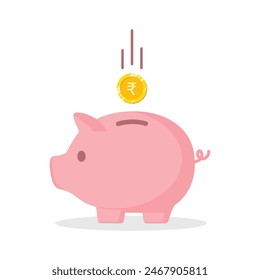 Piggy bank with Rupee currency coin vector illustration in pink color. Saving, investing and accumulation money. Pig in a flat style. Cute pig shaped money box with falling Indian gold coin.