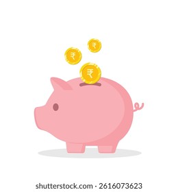 Piggy bank with rupee currency coins save money vector illustration. Saving, investing and accumulation money. Pig in a flat style. Cute pig shaped money box with falling Indian gold coins.