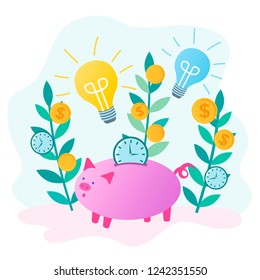 Piggy Bank saves money and glowing bulbs as a symbol of new ideas and solutions. Concept ideas to save time, increase revenue and increase business efficiency. Vector illustration.