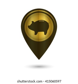 Piggy bank - saving money - black vector icon;  golden map pointer