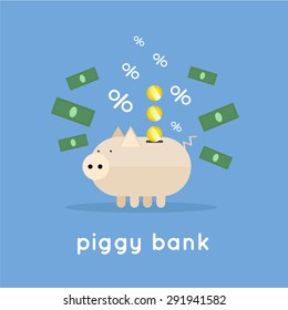 Piggy bank, saving money, cash deposits. Flat design vector illustration.