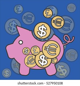 Piggy bank - saving money and falling Money . Vector.
