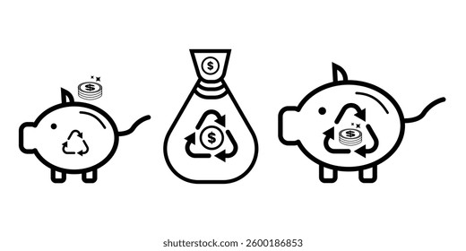 Piggy bank saving money icon set. Great for savings and financial education themes. Money save symbols vector icon illustration.