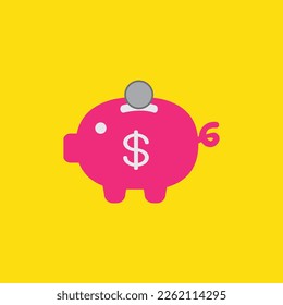 Piggy bank saving with siver coin flat vector illustration, sign, symbol, button, element, silhouette. Investment icon isolated on yellow background