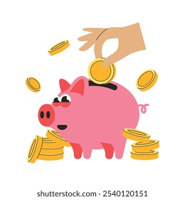 Piggy bank savings concept. Hand putting coin a piggy bank money savings illustration