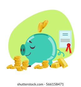 Piggy Bank Savings Protected By Insurance Contract , Insurance Company Services Infographic Illustration