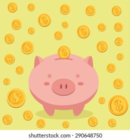 Piggy Bank Savings Surrounded by Coin Money in Yellow Background
