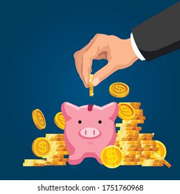 Piggy bank savings. Wealth and investment, retirement planning and insurance concept. Businessman hand putting golden coin into piggy bank. Saving dollar coins in moneybox cartoon vector illustration.