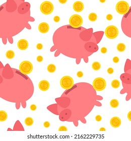 Piggy bank seamless pattern. Falling gold dollar coins and cartoon pink pig isolated on white background. Investments and saving money backdrop, finance decor, vector endless print