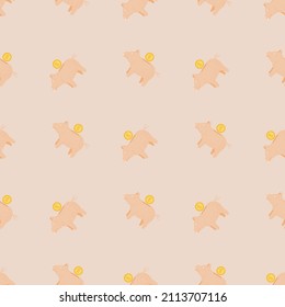 Piggy bank seamless pattern. Funny financial toy background. Repeated texture in doodle style for fabric, wrapping paper, wallpaper, tissue. Vector illustration.