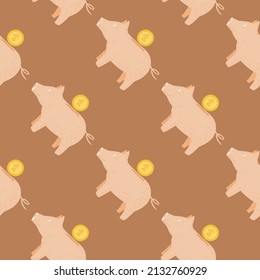 Piggy bank seamless pattern. Funny financial toy background. Repeated texture in doodle style for fabric, wrapping paper, wallpaper, tissue. Vector illustration.