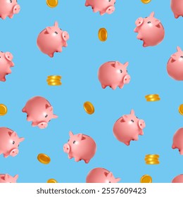 Piggy bank seamless pattern. Pink piggy banks on blue background. Falling gold dollar coins, 3d pink pig. Investments and saving money backdrop, finance decor, vector illustration endless print.