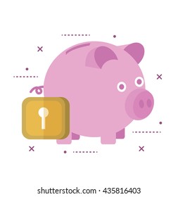 Piggy bank secured with lock. flat line icon design vector illustration