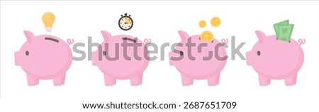A piggy bank set. The concept of saving money. A piggy bank with a timer, a symbol of time and patience for saving. A light bulb with a piggy bank, a symbol of the idea to start saving.