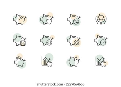 Piggy bank set icon. Banking cards, front and back card, successful and unsuccessful payment, blocked card, wallet card, ATM card, contactless payment and more. Vector black icons on white background