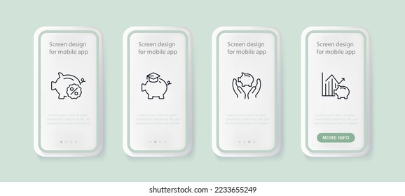 Piggy bank set icon. Protection, security, discount, sale, percentage, coupon, calculator, setting, patch, time, deposit, education, analytics, statistics. Ui phone up screen. Neomorphism style
