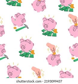 Schweinebuchtel. Schweine auf einem Stapel Geld, Hand, die Münze in Schweinebank, zerbrochenes Schwein. Geld verdienen, sparen, investieren, Werbung für Unternehmen. Handgezeichnetes, nahtloses Vektor-Muster