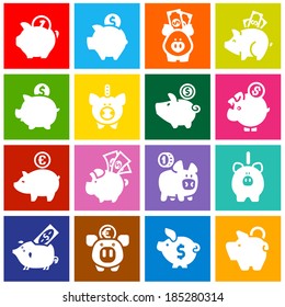 Piggy bank, set white icons on colored squares, metro style buttons. Vector illustration