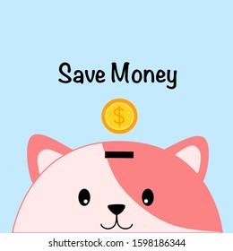 Piggy bank in the shape of animal with Dollar coin on blue background, Saving money for future concept.