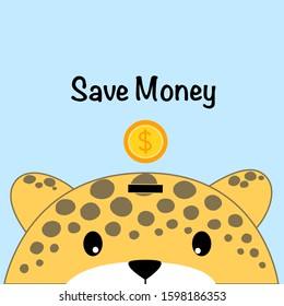 Piggy bank in the shape of animal with Dollar coin on blue background, Saving money for future concept.