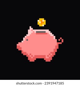 Piggy bank in the shape of a pig pixel art icon, 8-bit sprite. Isolated vector illustration for pixel art games.