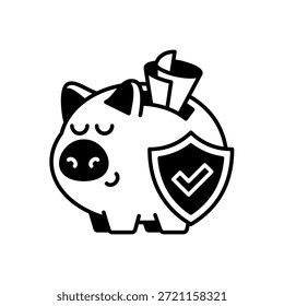 Piggy Bank com Ícone Escudo Estilo Sólido Isolado Branco Fundo