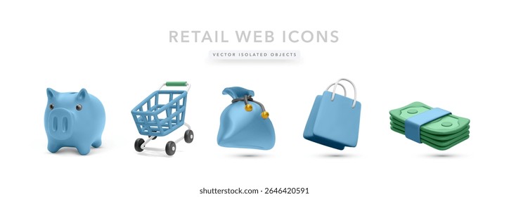 Piggy bank, shopping cart, money bag, shopping bags, and cash stack icons. Vector illustration for ecommerce savings, budgeting, online purchases, and digital retail platforms.