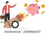 Piggy bank shot from cannon. Capital money growth. Modern vector illustration in flat style

