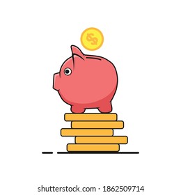 Piggy bank side view vector with coin vector. Piggy bank stand on coin illustration. Save your money.