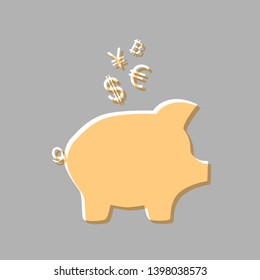 Piggy bank sign with the currencies. Emboss effect with light orange icon on gray background.