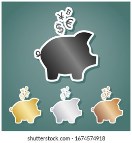 Piggy bank sign with the currencies. Set of metallic Icons with gray, gold, silver and bronze gradient with white contour and shadow at viridan background. Illustration.