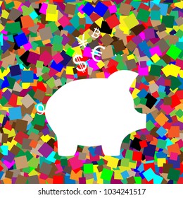 Piggy bank sign with the currencies. Vector. White icon on colorful background with seamless pattern from squares.