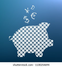 Piggy bank sign with the currencies. Vector. White textured icon at lapis lazuli gradient background.