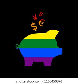 Piggy bank sign with the currencies. Vector. Icon with colors of LGBT flag at black background.