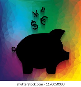 Piggy bank sign with the currencies. Vector. Flat style black icon on white.