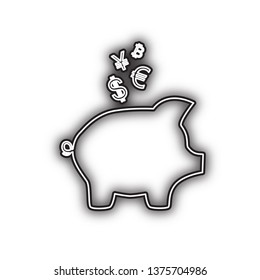 Piggy bank sign with the currencies. Vector. Double contour black icon with soft shadow at white background. Isolated.
