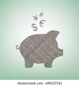 Piggy bank sign with the currencies. Vector. Brown flax icon on green background with light spot at the center.