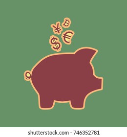 Piggy bank sign with the currencies. Vector. Cordovan icon and mellow apricot halo with light khaki filled space at russian green background.