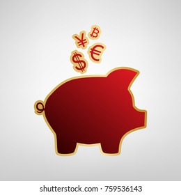 Piggy bank sign with the currencies. Vector. Red icon on gold sticker at light gray background.