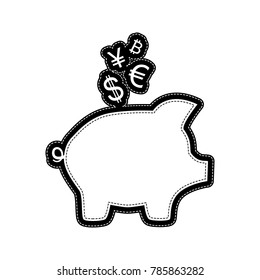 Piggy bank sign with the currencies. Vector. Flat style black icon on white.