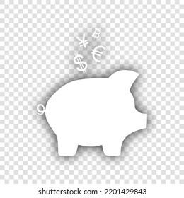Piggy bank sign with the currencies. White Icon with dropped natural gray Shadow at transparent Background. Illustration.