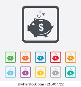 Piggy bank sign icon. Moneybox dollar symbol. Round squares buttons with frame. Vector