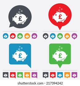 Piggy bank sign icon. Moneybox pound symbol. Speech bubbles information icons. 24 colored buttons. Vector