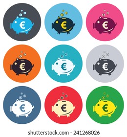 Piggy bank sign icon. Moneybox euro symbol. Colored round buttons. Flat design circle icons set. Vector