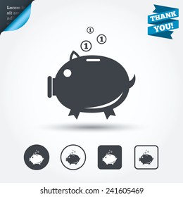 Piggy bank sign icon. Moneybox symbol. Circle and square buttons. Flat design set. Thank you ribbon. Vector