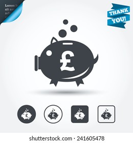 Piggy bank sign icon. Moneybox pound symbol. Circle and square buttons. Flat design set. Thank you ribbon. Vector