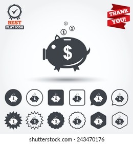 Piggy bank sign icon. Moneybox dollar symbol. Circle, star, speech bubble and square buttons. Award medal with check mark. Thank you ribbon. Vector